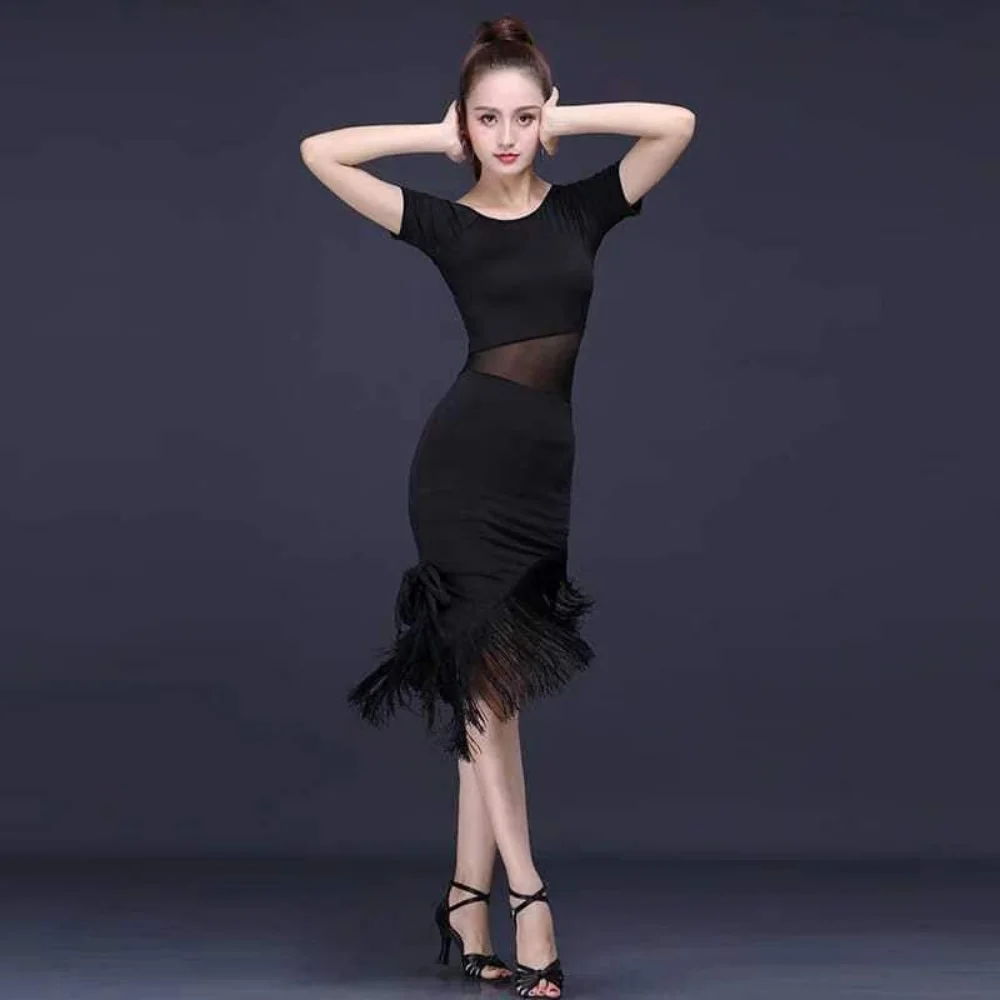 

2023 New Patchwork Ladies Latin Dance Dress Women Black Stage Costumes Tassel Salsa Rumba/Samba Salsa Perform Fitness Dancewear