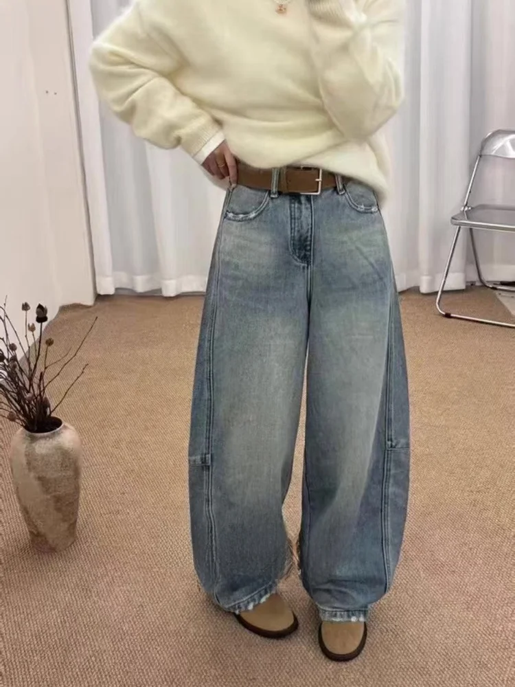 

Женские повседневные синие джинсы на подкладке с высокой талией и широкими штанинами, свободные брюки Harlan Sle для похудения, прямые брюки для отдыха