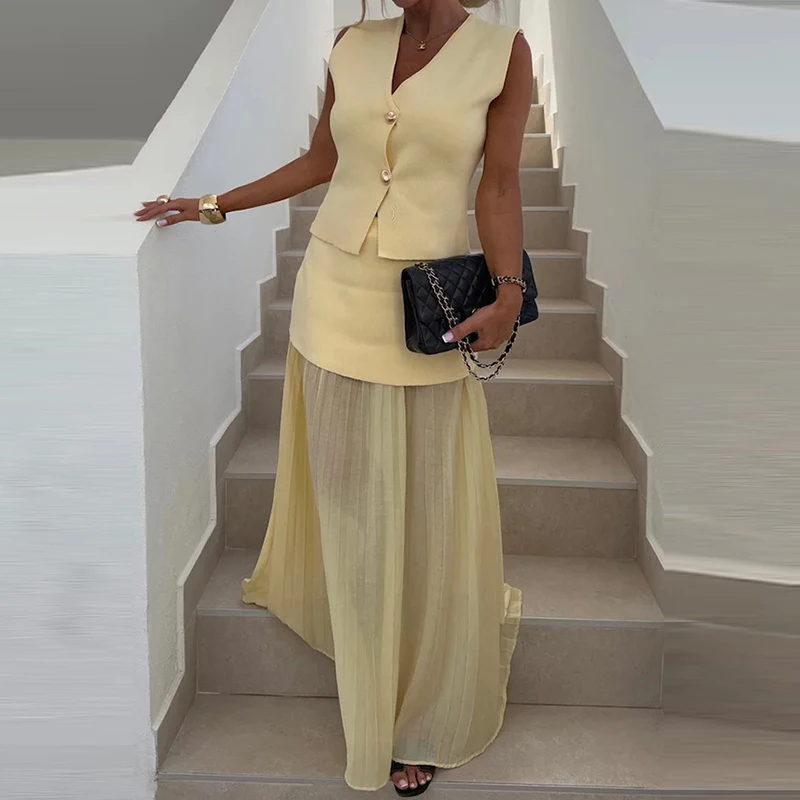 

Lady Temperament Slim Long Skirt 2pc Set Fashion Solid Color Pleats Party Outfit New Summer V Neck Sleeveless Patchwork Vest Set