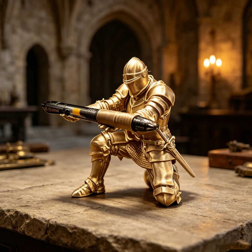 Medieval Knight Pen Holder 3D Printed Armored Warrior Desk Pencil Rack Vintage Kneeling Knight Decor Stationery Storage Ornament