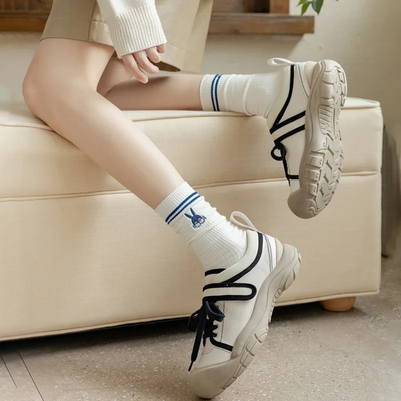 Women Socks Cotton Fall Winter Female Sox Cute Japanese Sweet Style Cartoon Socks Embroidery Two Striped Kawaii White Stockings