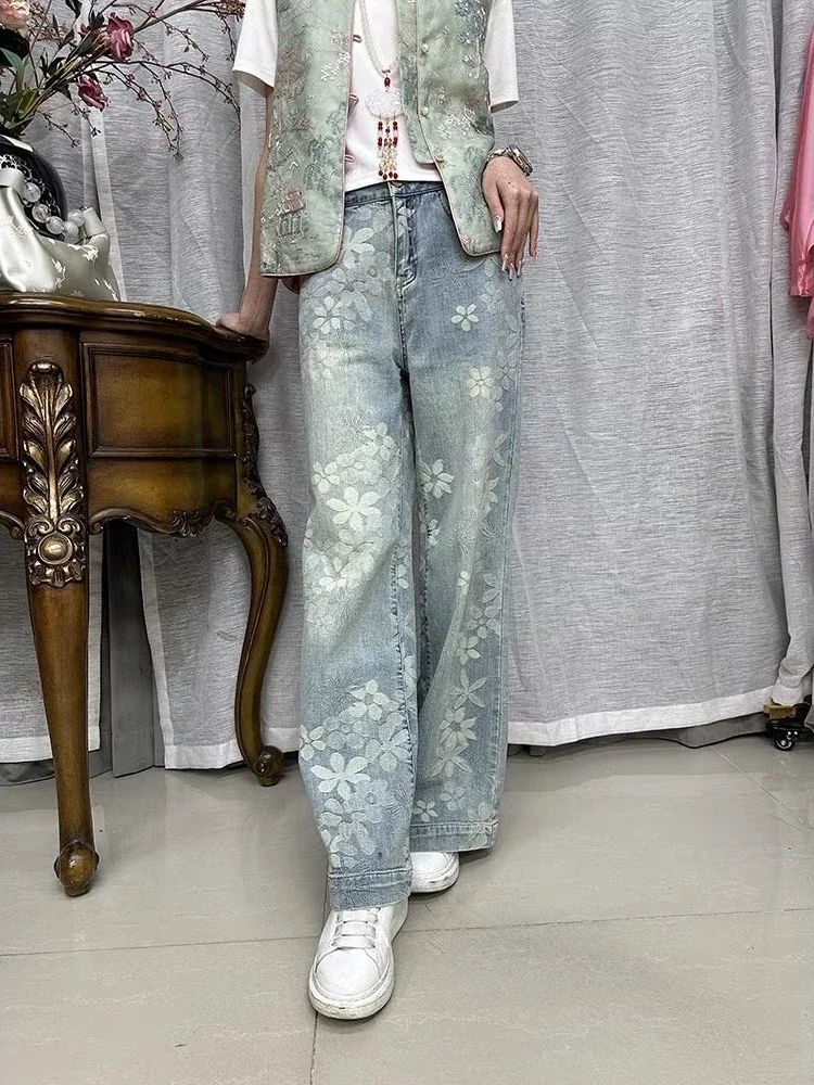 Fashion Vintage Jeans Flower Print High Waist Pockets Casual Loose Aesthetics Pantalones De Mujer Spring Autumn Women's Clothing