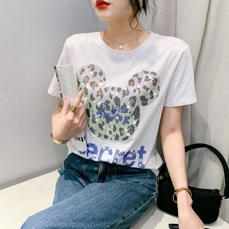 #5314 Streetwear Tshirt Diamonds Cotton Short Sleeve T Shirt Women O-neck Slim Korean Style T-shirt Femme Black White Red Green