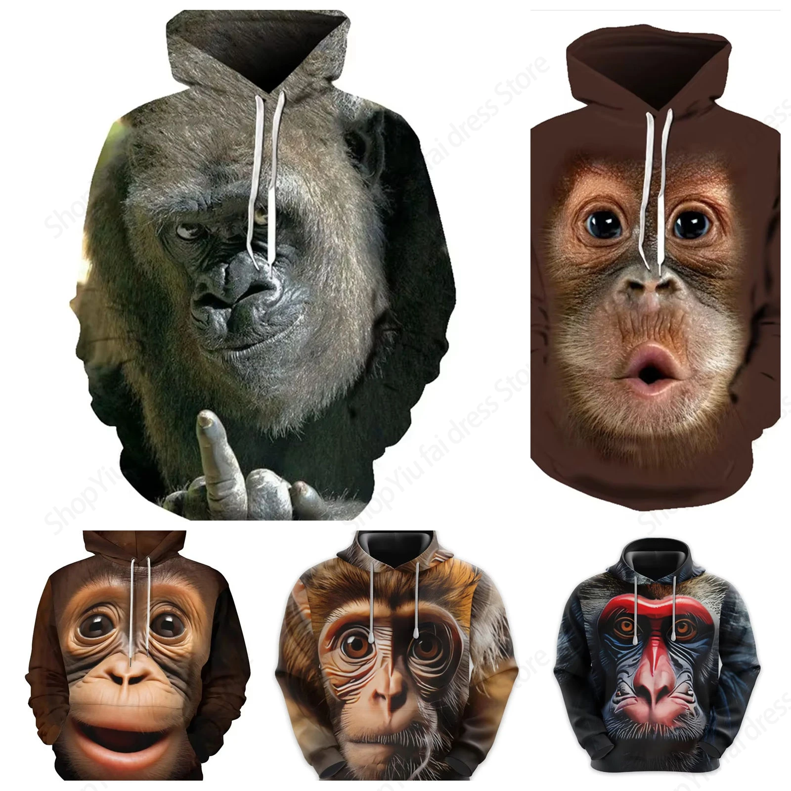 Sweat à capuche imprimé singe animal pour hommes et femmes, sweats à capuche drôles, sweat-shirt ajuster ille parodie, manteau garçon, survêtement de rue, mode
