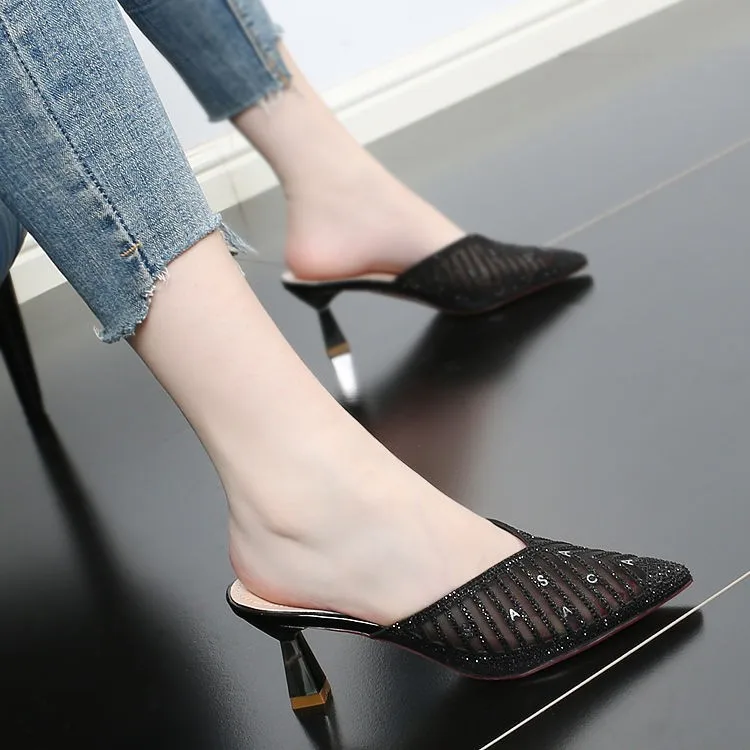 2022 Mesh Slippers Women New Summer Shoes Women Fashion Pointed Slides Spike Heels Beige Mules Shoes High Heels 42