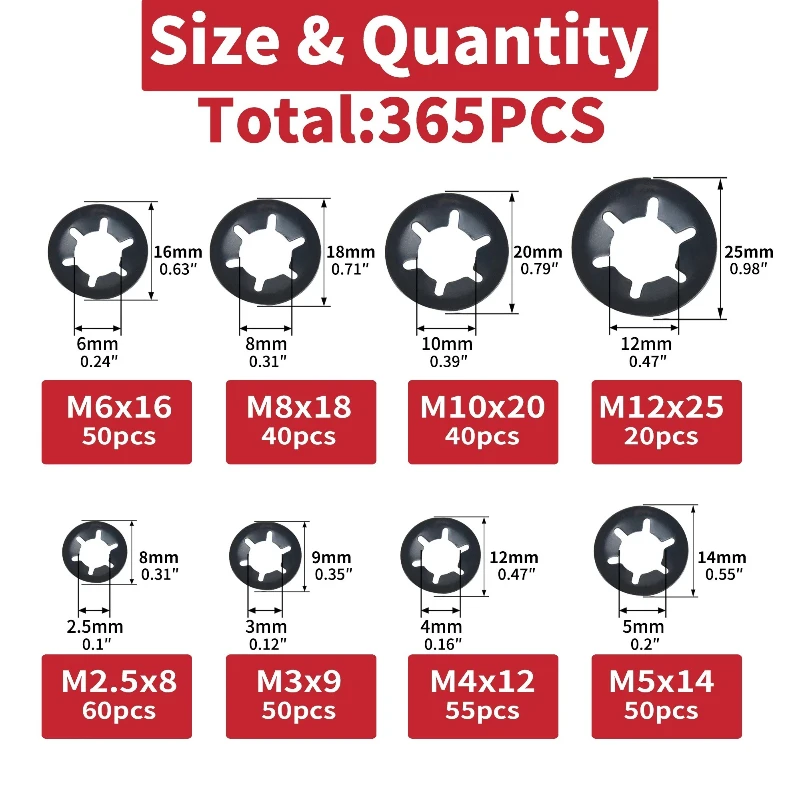 365pcs M2.5 M3 M4 M5 M6 M8 M10 M12 Push-on Locking Washers Star Nut Metal Quick Speed Starlock Washer Fastener Assorted Kit