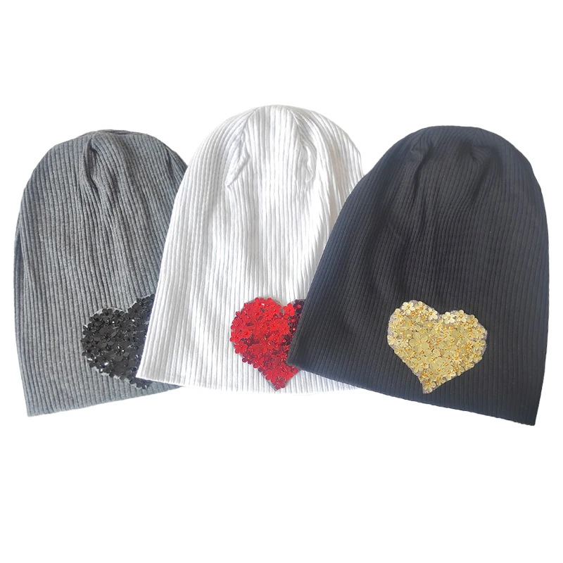 Geebro Fashion Women Oversized Flower Sequin Heart Ribbed Beanies Hat Caps New Elastic Slouch Cotton Stretch Baggy Bonnet Femme