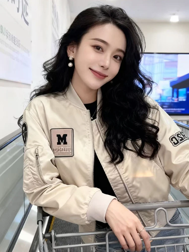 Korean Sle Stand Collar Patch Label Flight Jaet Coat Women Spring Autumn 2026 New Casual Versatile Cotton Thiened Baseb...