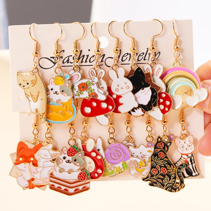 30 Mix Styles Trendy Cute Cartoon Cat Rabbit Rainbow Pendants Drop Earrings Kawaii Anime Animal Dangle Earrings For Women Girls