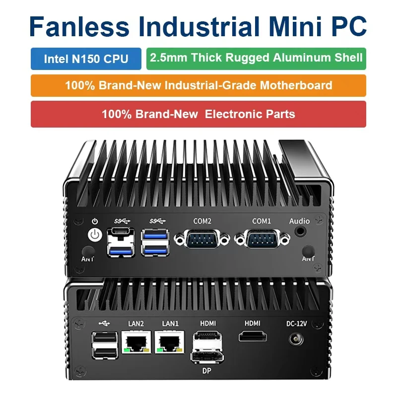 N100 N150 Fanless Industrial Mini PC Box Windows 10 11 Linux AI Server Puissant Mini PC 2 LAN 4 RS232 COM DIN Rail 9~36V