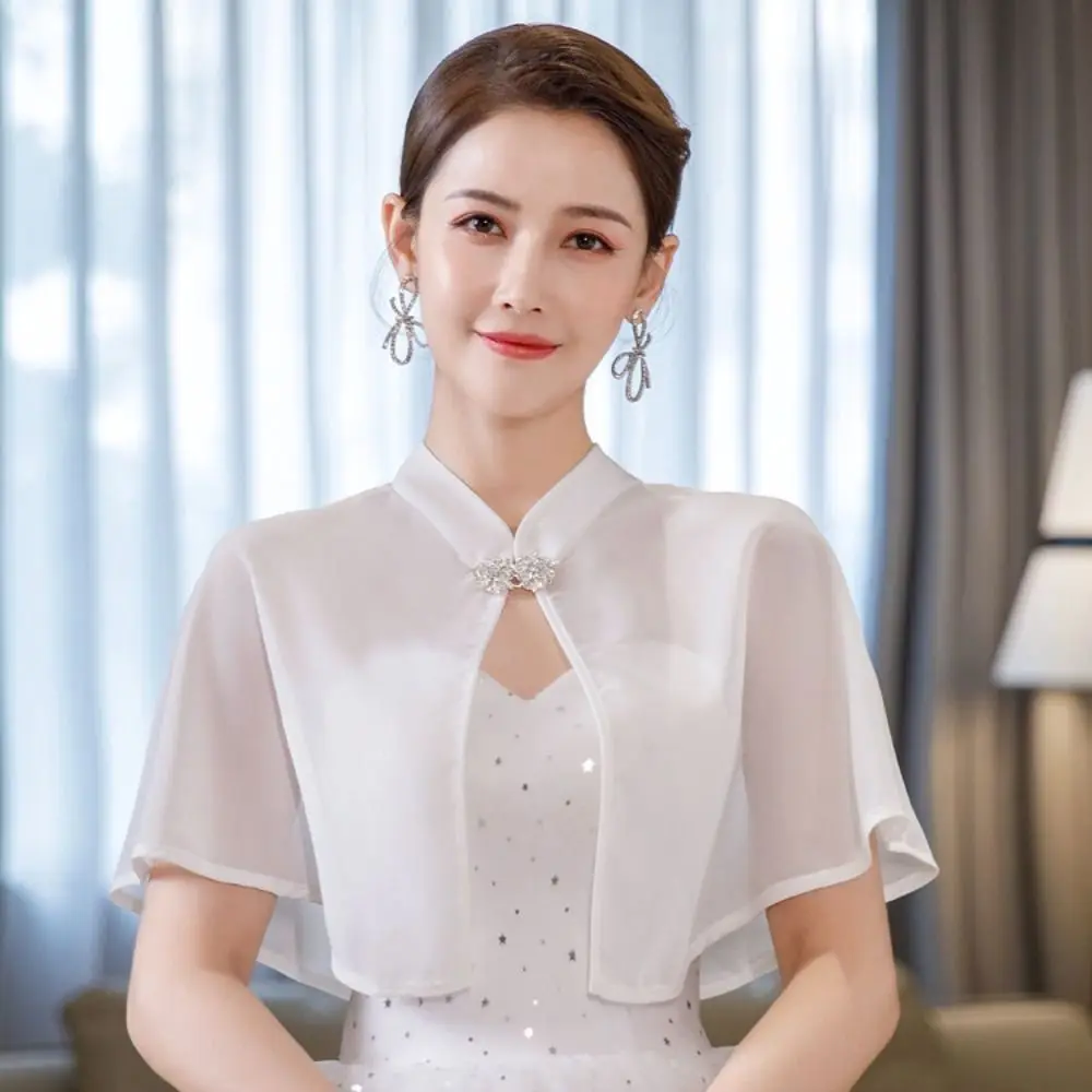 Chiffon Bride Wedding Dress Shawl Transparent Rhinestone Buckle Evening Dresses Scarves Solid Color Wrap Cheongsam Cape Beach
