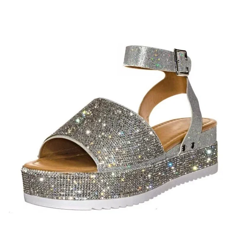 Sandały na platformie koturny damskie 2024 modne buty letnie kobiety eleganckie obcasy moda impreza sukienka stylowe dziewczyny czarne Rhinestone