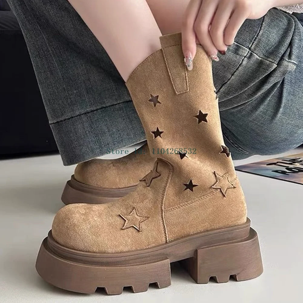 

Embroidery Tiny Spot Ankle Booties Thick Heel Round Toe Slip On Solid New Arrivals Fashion Lady Motorcycle Boots