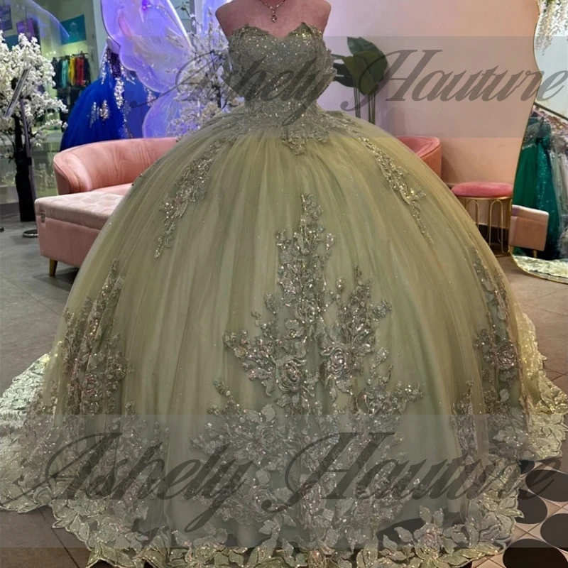 Мексиканское шалфейное зеленое платье Quinceanera по индивидуальному заказу, бальное платье с цветочной аппликацией и скользящим шлейфом, женское вечернее платье для выпускного вечера, Vestido De xv Anos