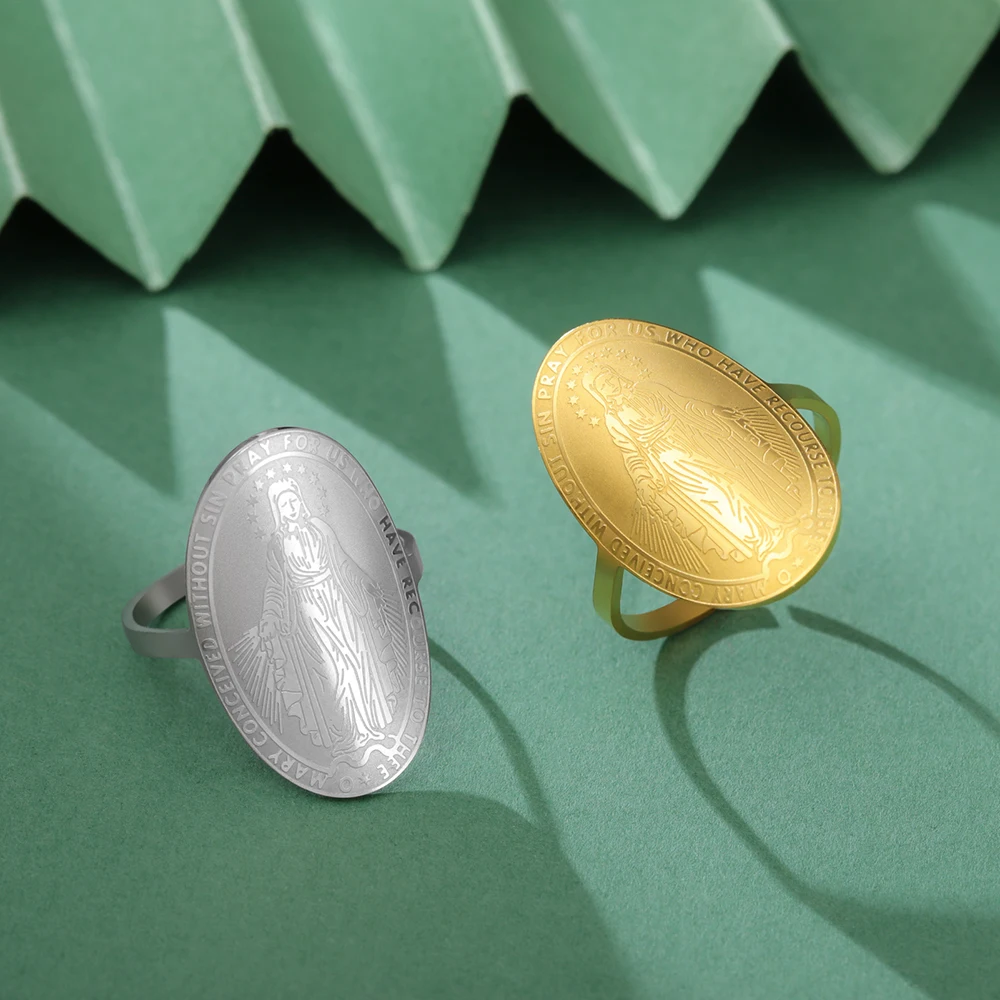 Dawapara مريم العذراء الدائري قابل للتعديل الأم المقدسة مريم الهدايا المسيحية نعمة حماية حلقة دينية مجوهرات من صلب لا يصدأ