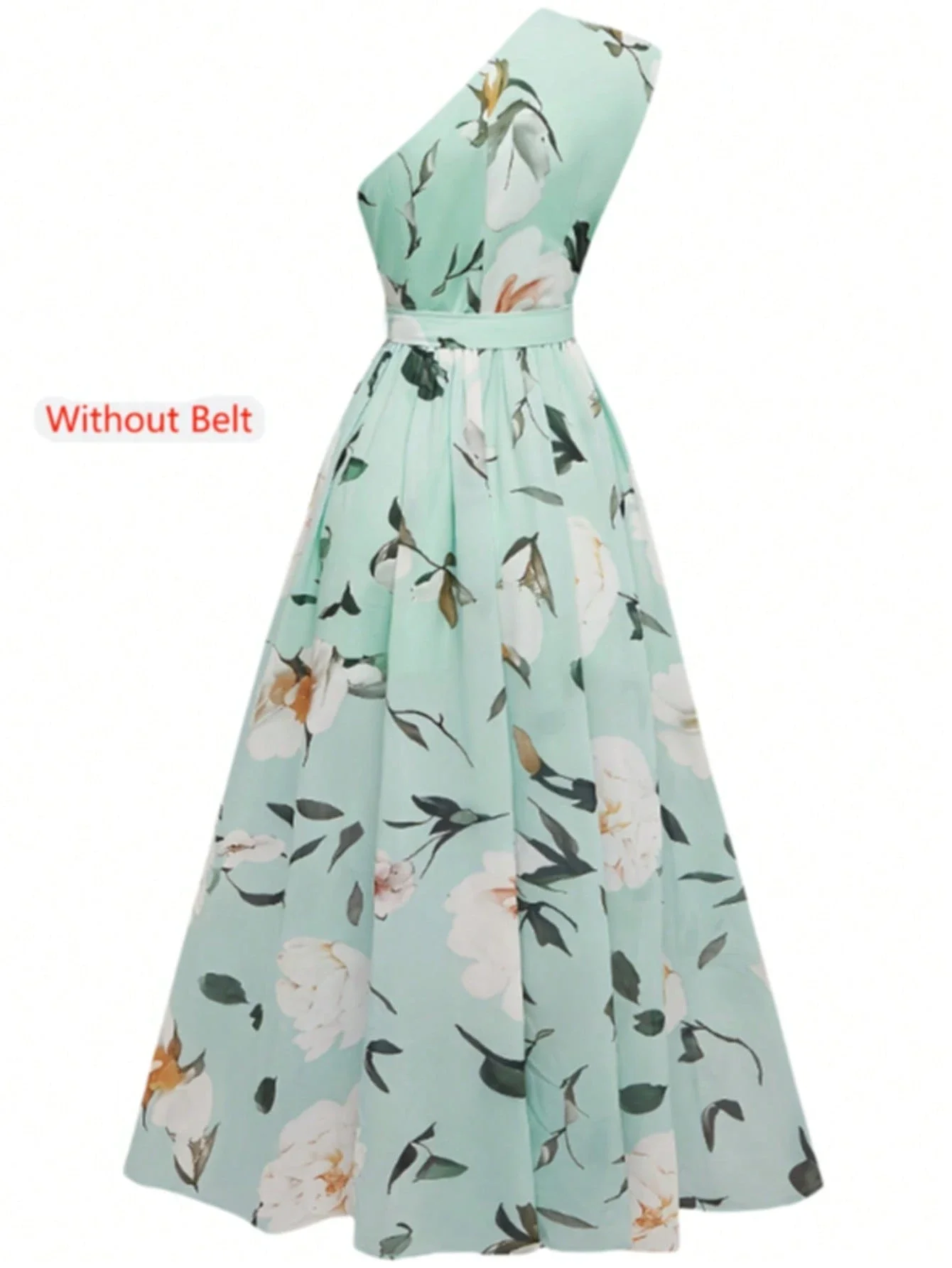 Mint Green Floral One-Shoulder A-Line Maxi Dress With Ruffled Hem, Sleeveless Elegant Summer Vacation Gown