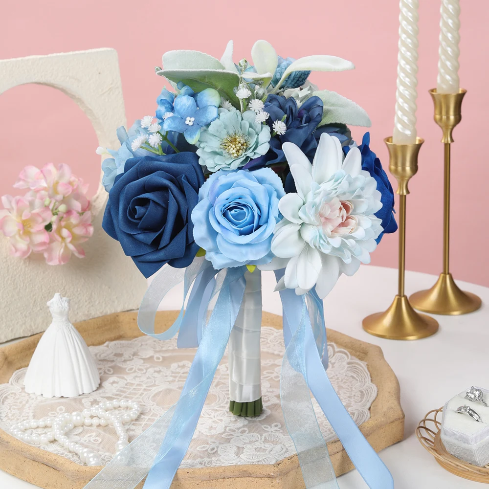 Blue Tone Rustic Wedding Bridal Bouquet, Mix Of Light And Dark Blue Rose And Hydrangea Artificial Flowers For Wedding Engagement