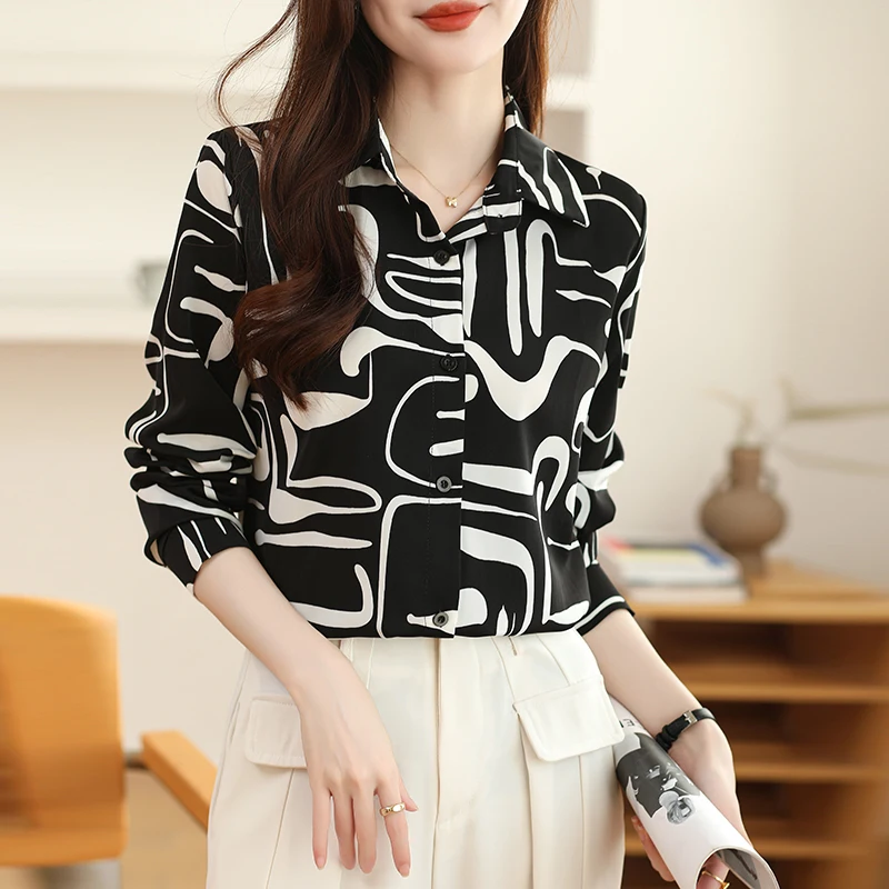 Women Spring Korean Loose Office Lady Printing All-match Polo-Neck Long Sleeve Shirts Women Clothes Casual Simplicity Trend Tops