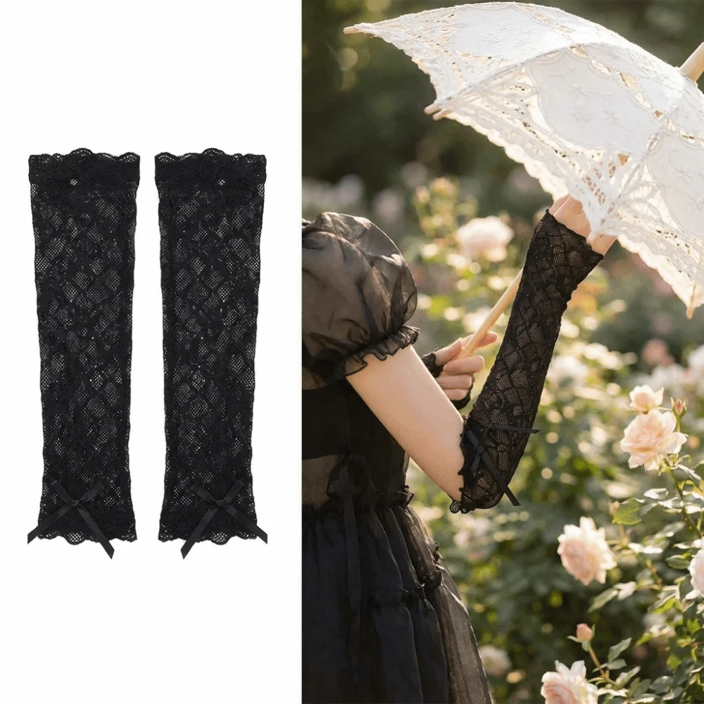 

Kawaii Lace Ruffle Arm Sleeves Fishnet Design Bowknot Strapping Fingerless Gloves Elastic Cuff Lolita Gloves Girl