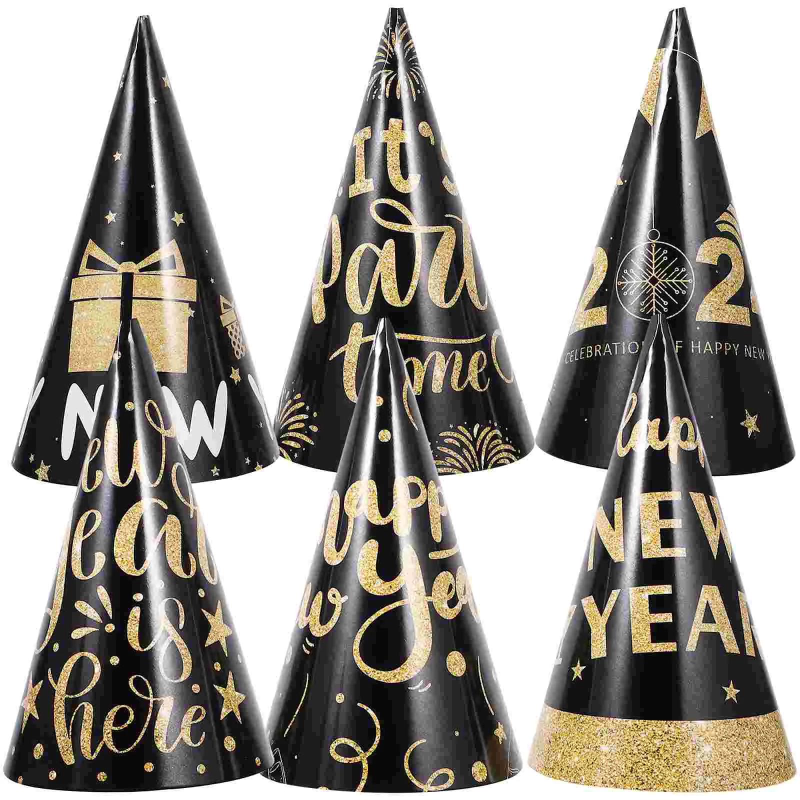 6 Pcs New Year's Eve Party Dress Up Black Gold Paper Hat Photo (New Type B) 6pcs Hats Supplies Cone for Adults Child