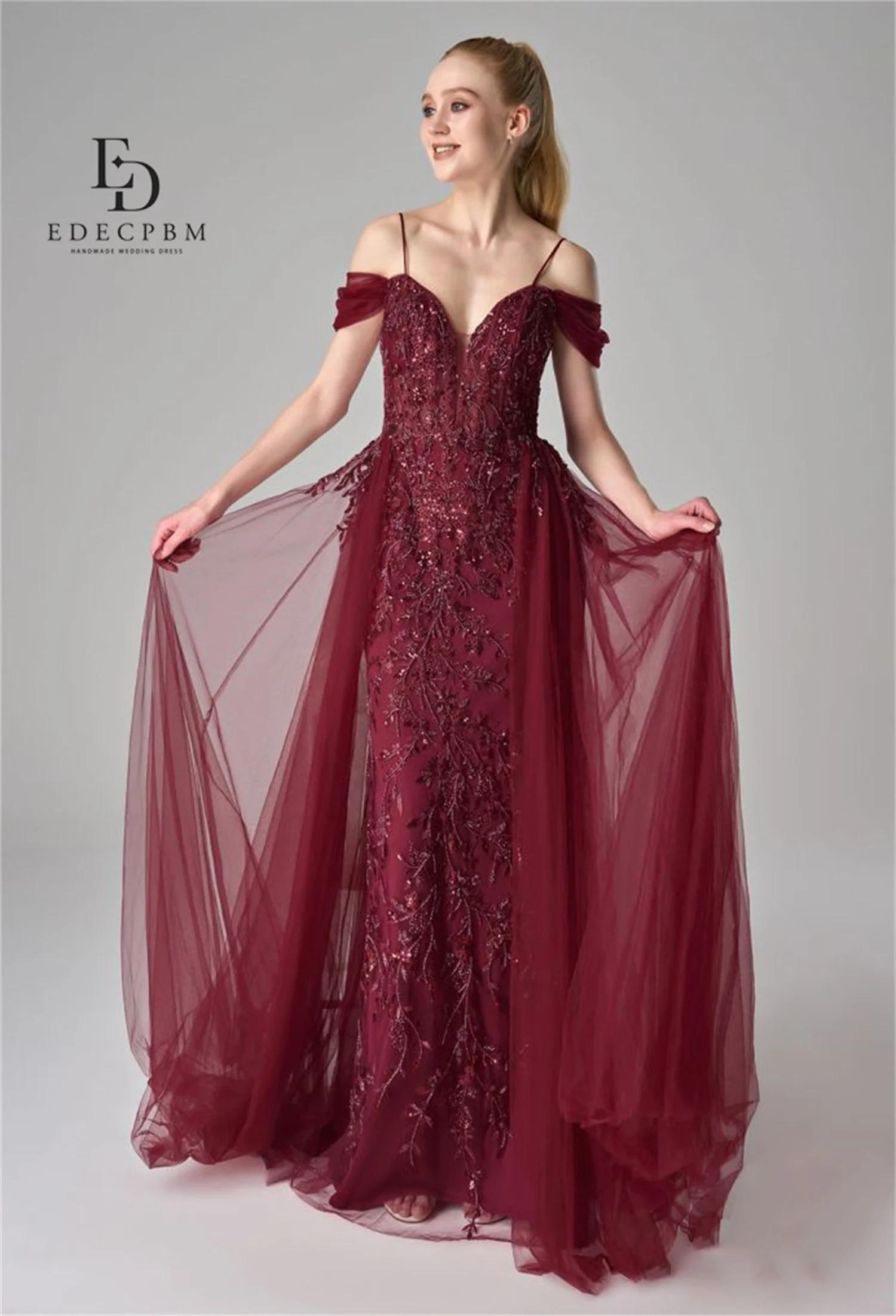 EDECPBM Evening Dresses 2025 Woman فساتين سهرة Crimson Red Vestidos De Festa Bead Embroidery A-line Wedding Party Dresses Lace