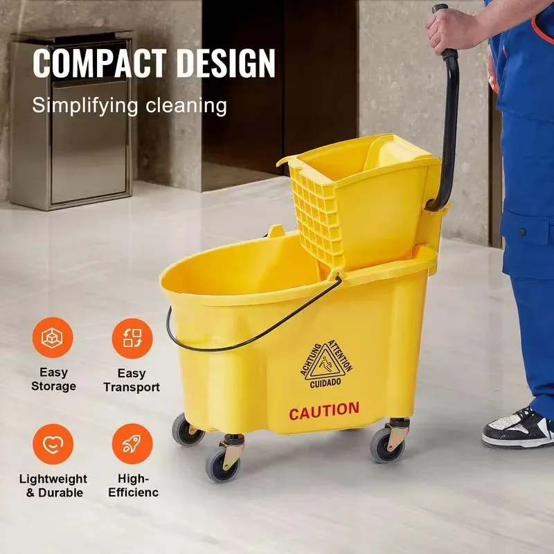 Commercial Quart‑Size Mop Bucket With Side‑Press Wringer Rolling Wheels, Heavy‑Duty Industrial Mop Included Hotel Office Floor