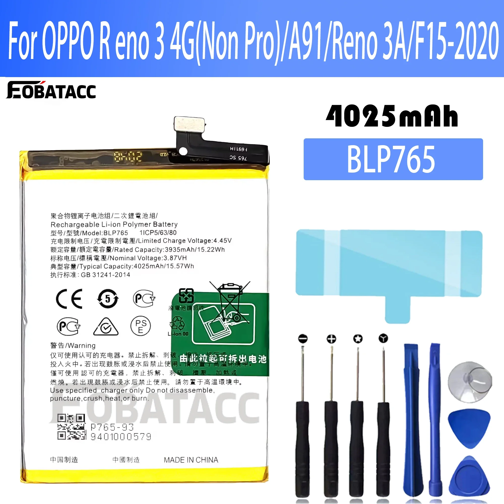 100% New Original Battery BLP765  For OPPO A91 F15-2020 Reno 3A  Reno3  Battery + Free Tools