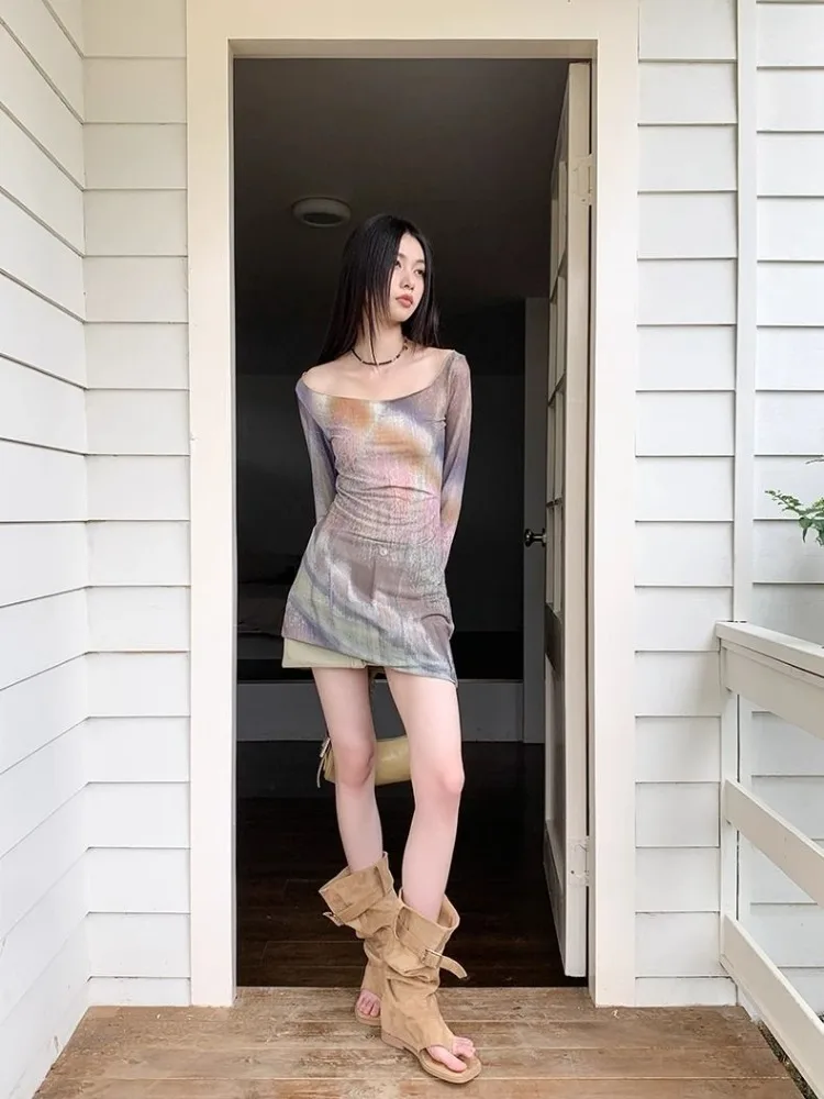 Tie-dye Rosa Druck Oansatz T-shirt Für Frauen Mesh Langarm Slim Fit Tops Mujer 2025, Sommer Neue bodenbildung T Shirt