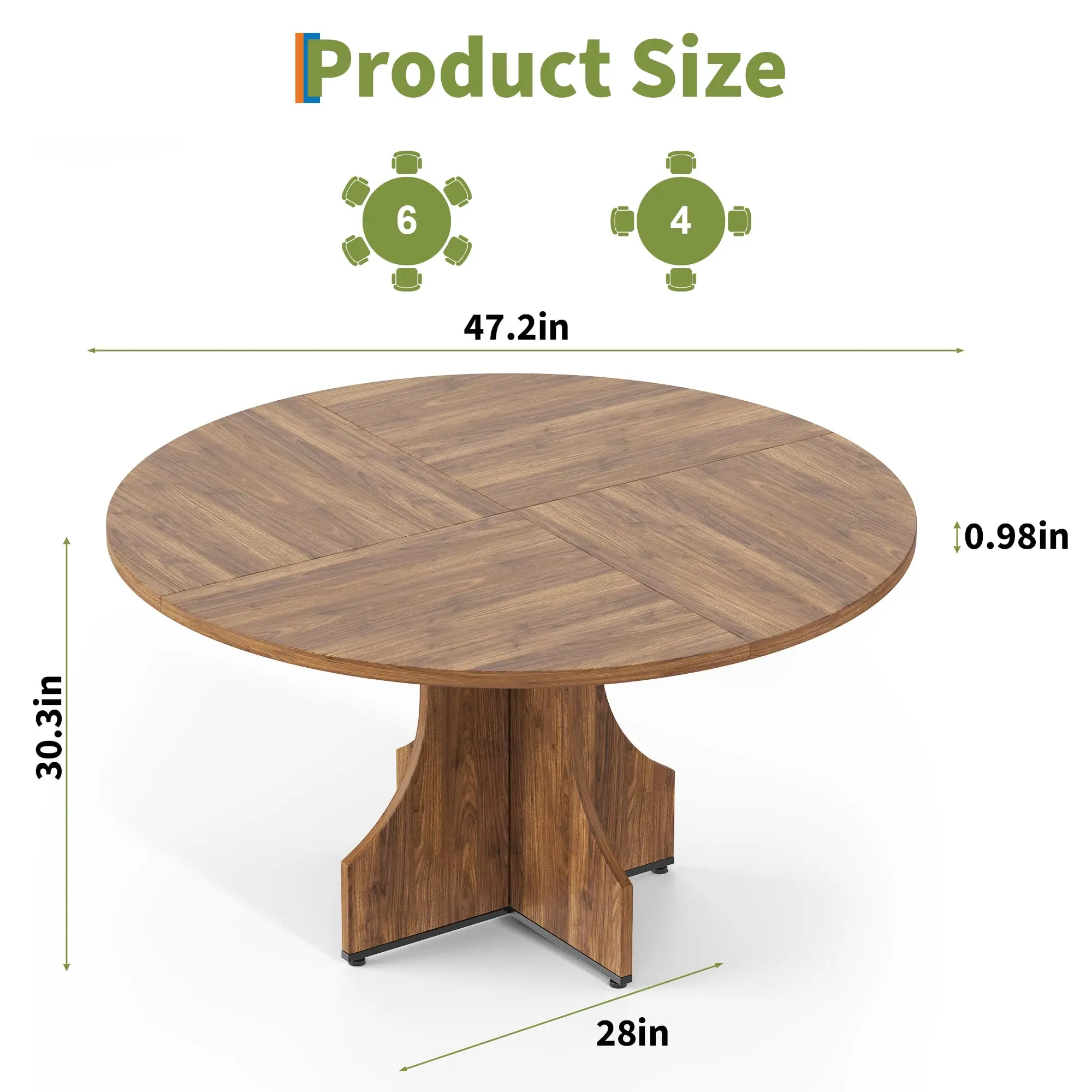 47.2 Inch Round Dining Table for 4-6 People, Wooden Dining Room Table with 4 Curved Stable Pedestal Legs, Circle Kitchen Tables for Dining Room & Living Room Easy to Assemble ﻿