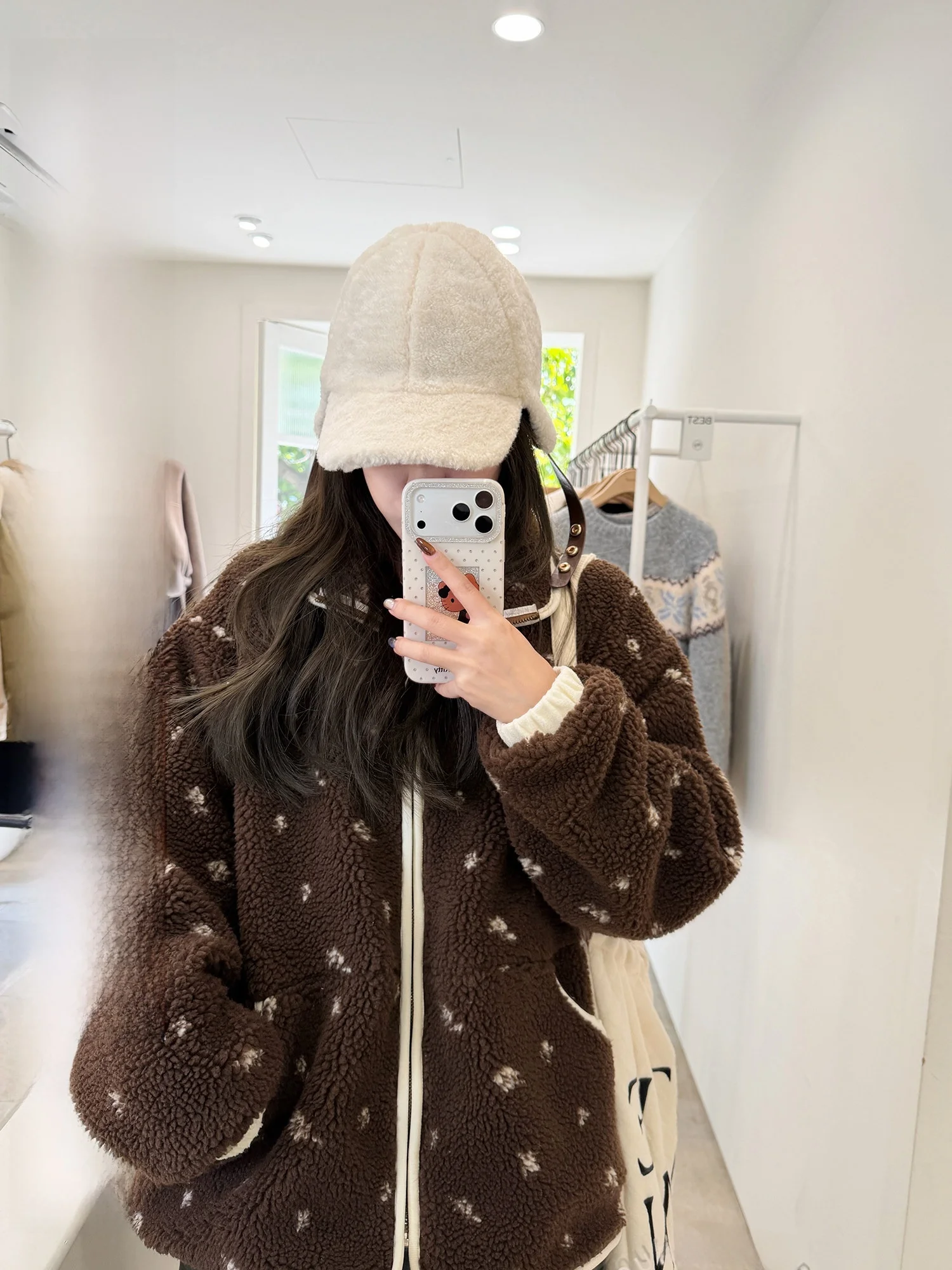 

Aeronline Brown Faux eepskin Cardigan Coat Korean Sle Floral Fce Casual Women's ort Outerwear Polyester Fiber