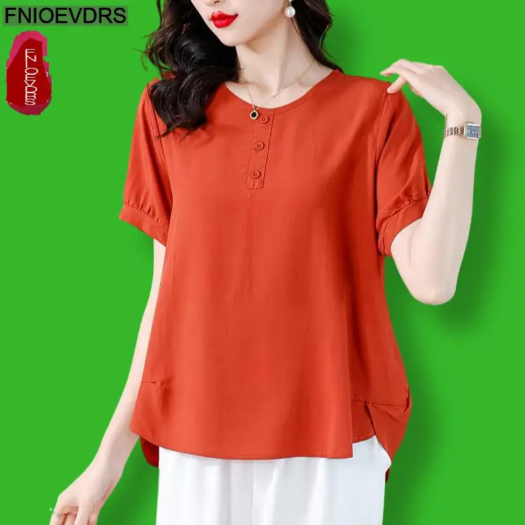 M-4XL Loose Clothes 2024 Summer Cotton Tops Short Sleeve Women Basic Wear Casual Black Orange Retro Vintage Shirts Blouses