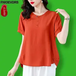 M-4XL Loose Clothes 2024 Summer Cotton Tops Short Sleeve Women Basic Wear Casual Black Orange Retro Vintage Shirts Blouses