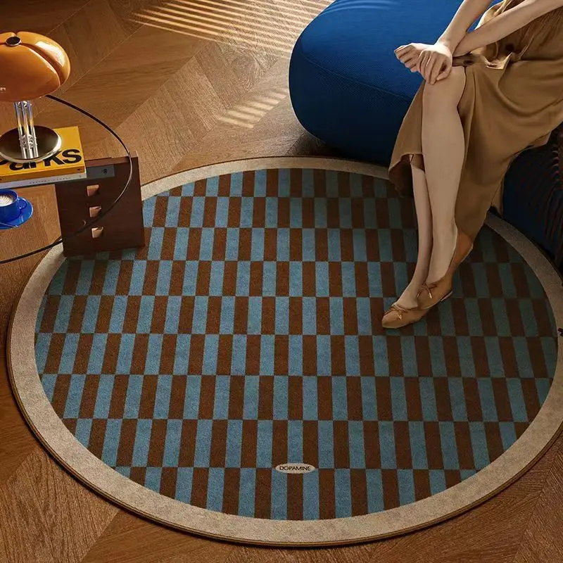 Runder geometrischer Teppich, Matte, Teppich, gestreift, Schachbrettmuster, blau, grün, braun, Farbe, weiche Bodenmatte, Wohnzimmer, Heimdekoration