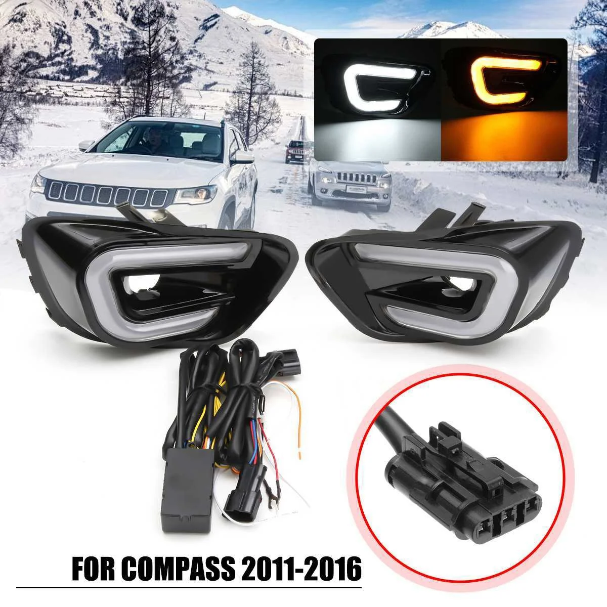 LED Daytime Running Light, Car Fog Light Waterproof Turn Signal Lamp for Jeep Compass 2011-2016, White and Yellow