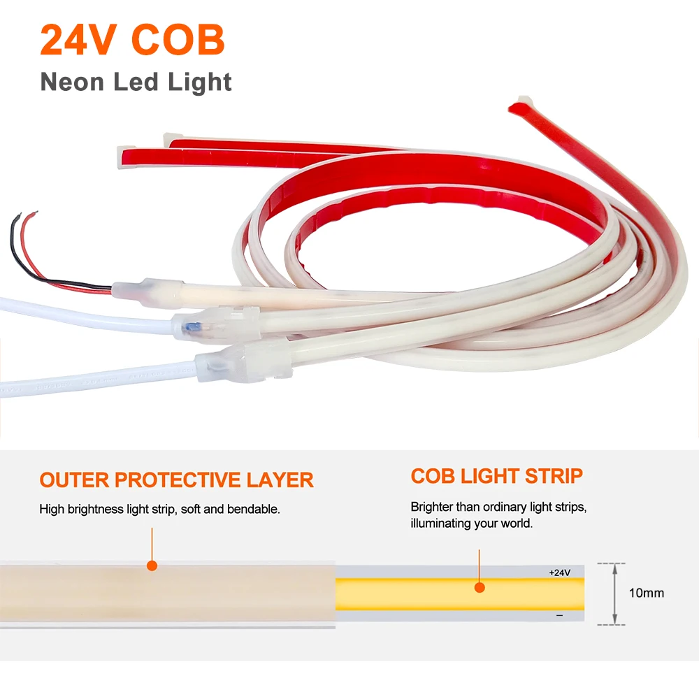 DC24V COB LED Strip Light 320LEDs High Density Linear Flexible Neon Light Waterproof 3D Curved Design 3000K 4000K 6000K 0.5m-10m