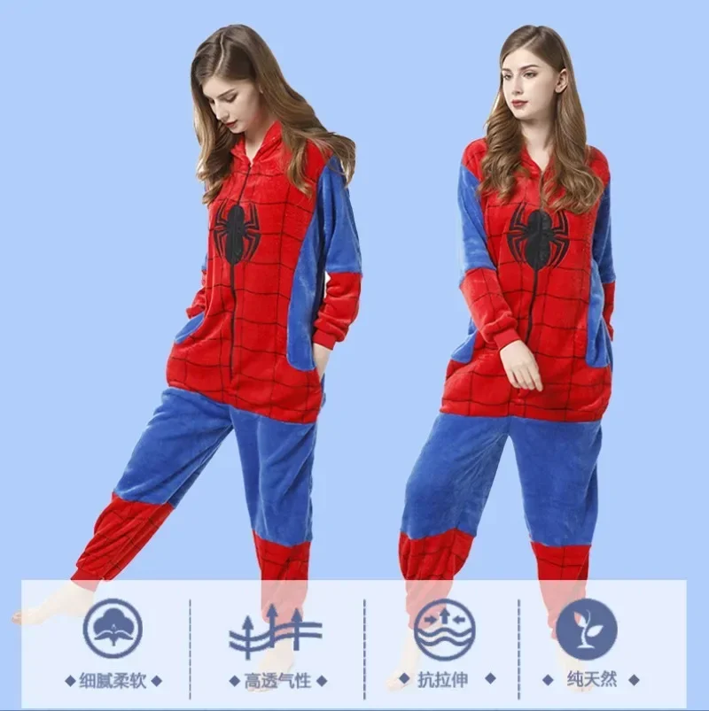 Venta al por mayor Spider-Man personalidad pareja franela ropa para el hogar Marvel periférico cosplay ropa de rendimiento pijamas de una sola pieza