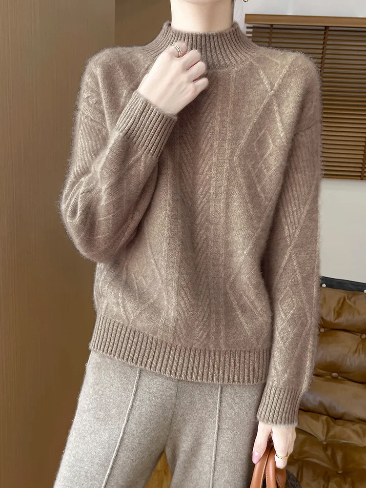 

Women's 100% Wool Knitted Sweater, Thickened, Half Turtleneck, Long Sleeves, Fashionable, Tops, Autumn/Winter 2024, Pullovers