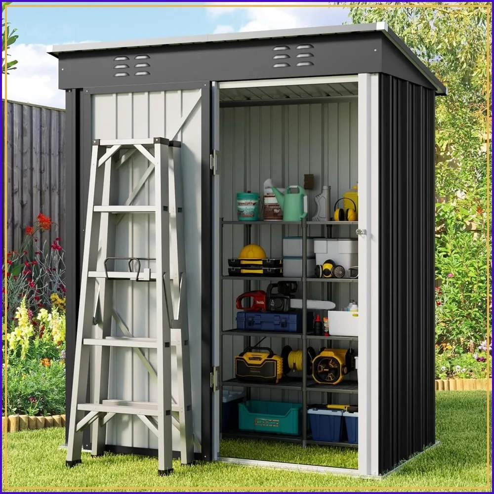 Outdoor Storage Shed 5x3 FT, Galvanized Metal Lockable Door, Dark Gray