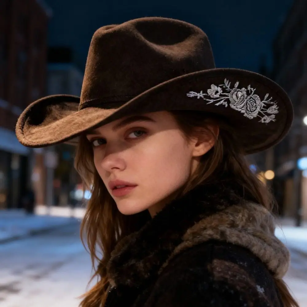 

Large Brimmed Embroidered Felt Top Hat Formal Occasion Embroidery Flower Decoration Woolen Hats Performance Cap Jazz Hats