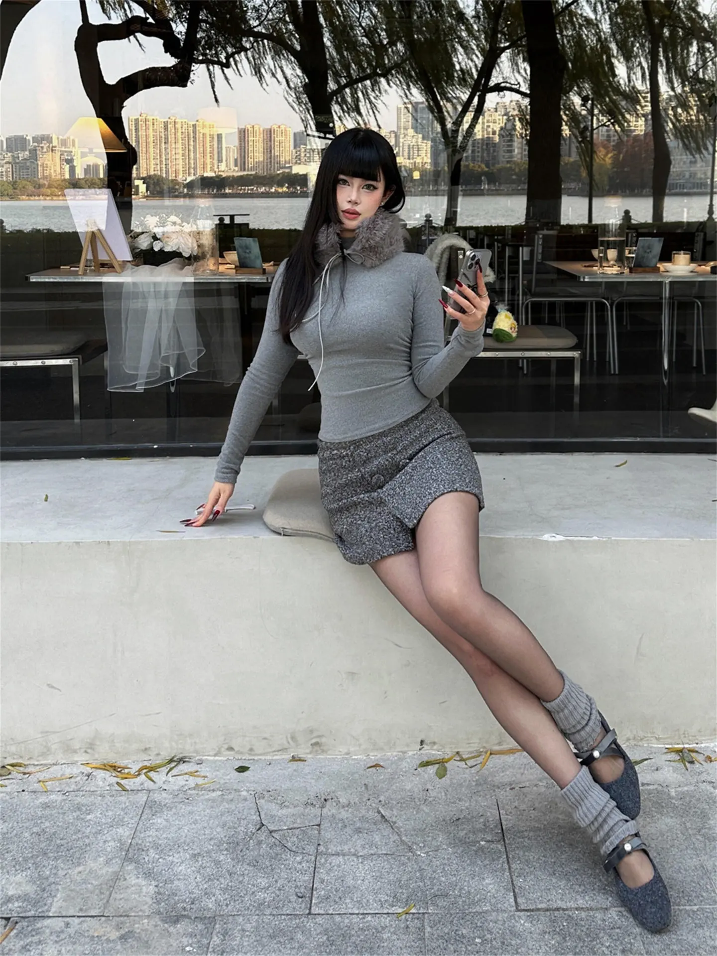 

Casual Faion Long Sve Fur Collar Women's Top Skirt Set Slimming High Waist Spring Season Two-Piece Set Sweet And Spicy Girl