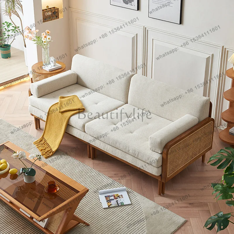 Japanese-style solid wood sofa bed, sitting and lying dual-purpose small apartment, princess seat rattan sofa