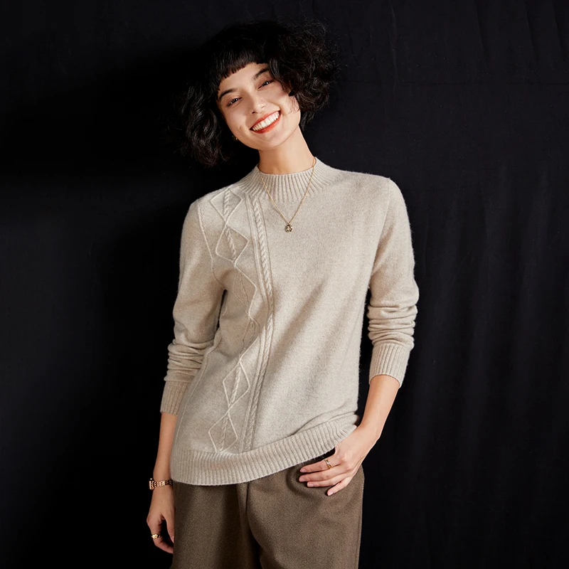 MEELEX Women Half High Neck Pullover Shirt Autumn Winter 100% Pure Cashmere Sweater Woman Casual Knit Tops Twist Flower Blouse