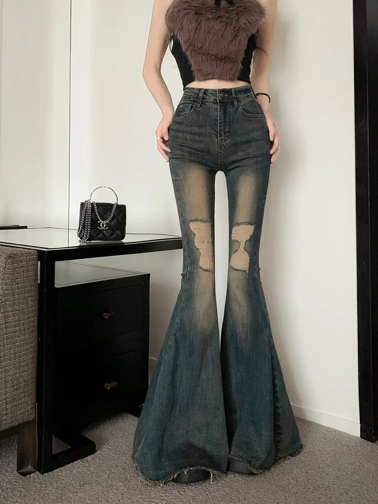 

Y2K винтажные расклешенные джинсы с дырками, женские корейские тонкие джинсовые брюки с высокой талией, шикарная уличная одежда в стиле хип-хоп, универсальные женские широкие брюки