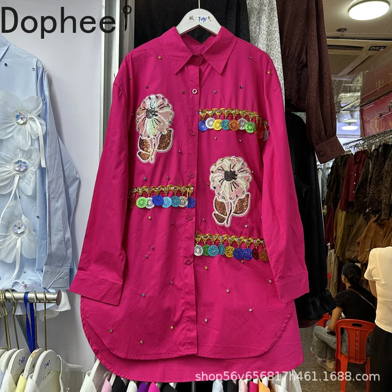 

New Autumn Design Long Sleeve Female Blouses Luxury Diamonds Sequins Loose Cardigans Top All-match Mid-long Elegant Lady Shirts