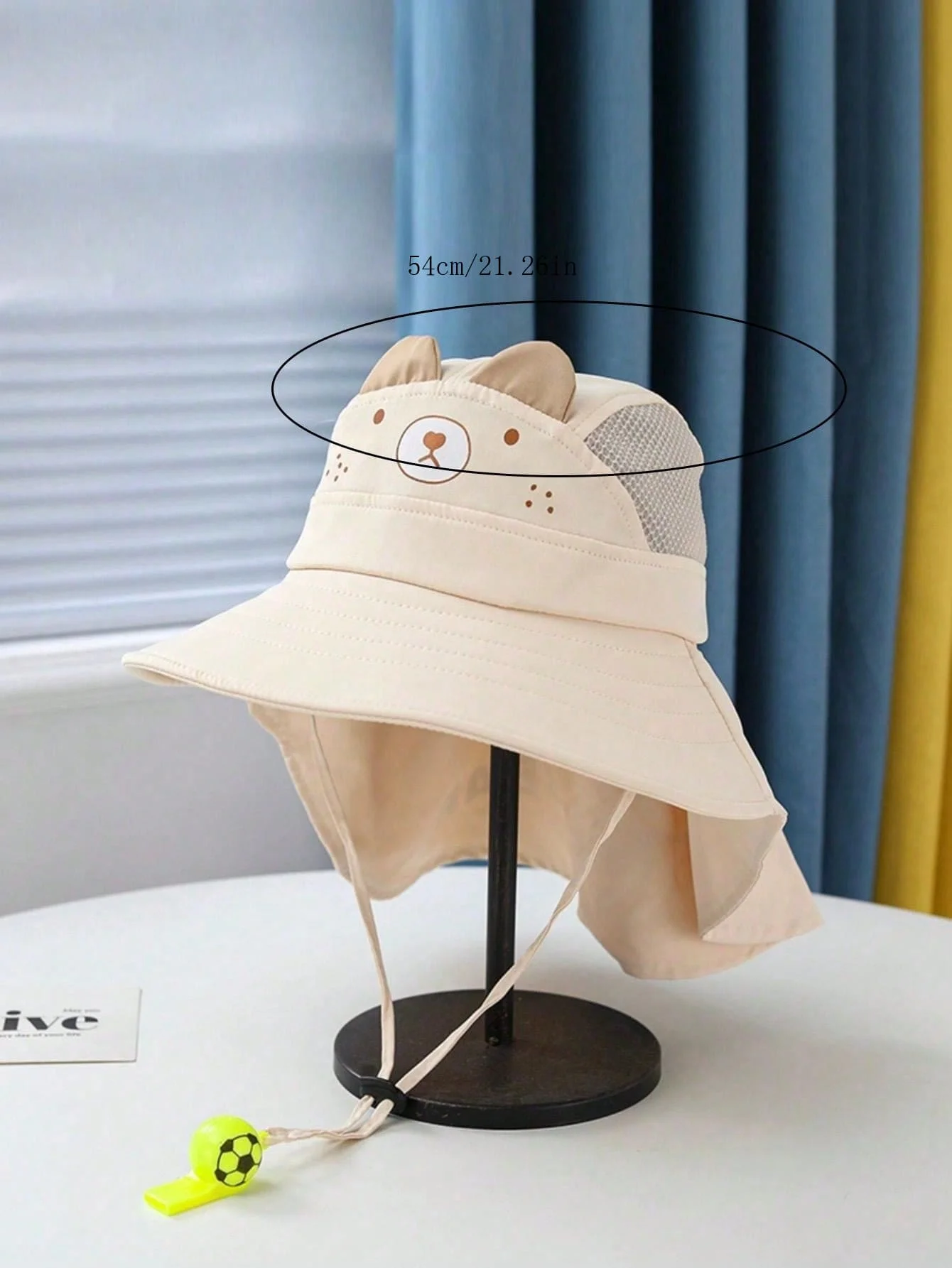 1pcs Kids Cartoon Bear Bucket Hat with Sun Protection Cape, Adjustable Strap & Random Whistle, Beige Outdoor Hat for 4-10Y Boys view 5
