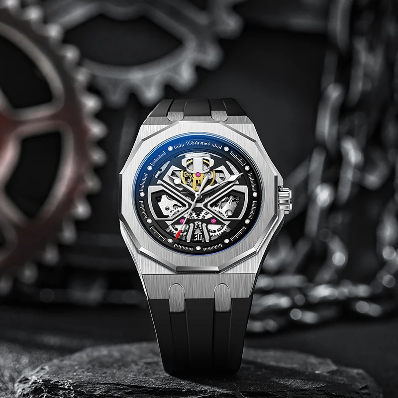 Durenwei men's automatic mechanical watch with skeletonized design and luminous finish, stylish and sporty men's wristwatch