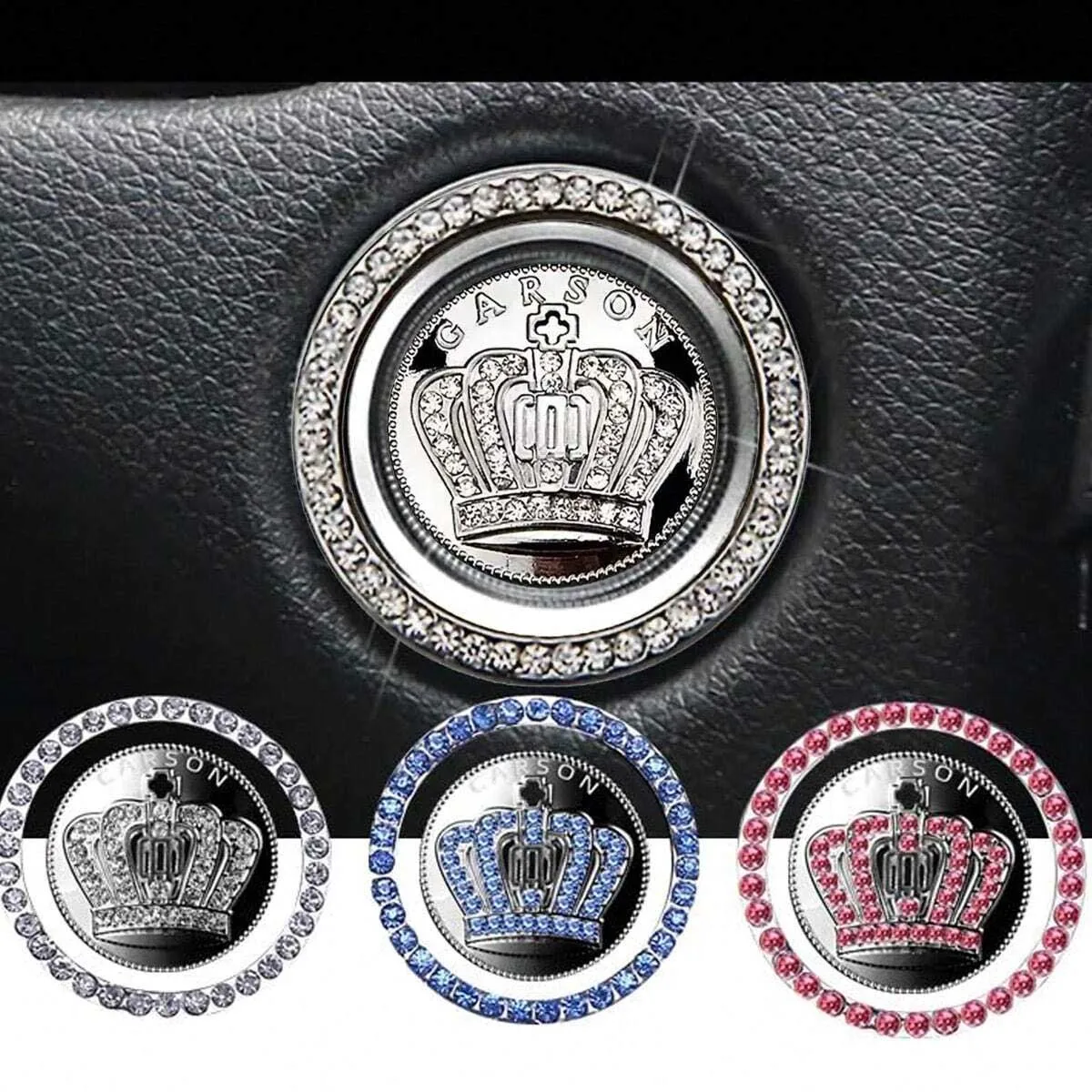GM One Button Start Trim Ring, Crown Logo Alloy Start Button Cover, Car Interior Accessories, Suitable for Most Vehicles