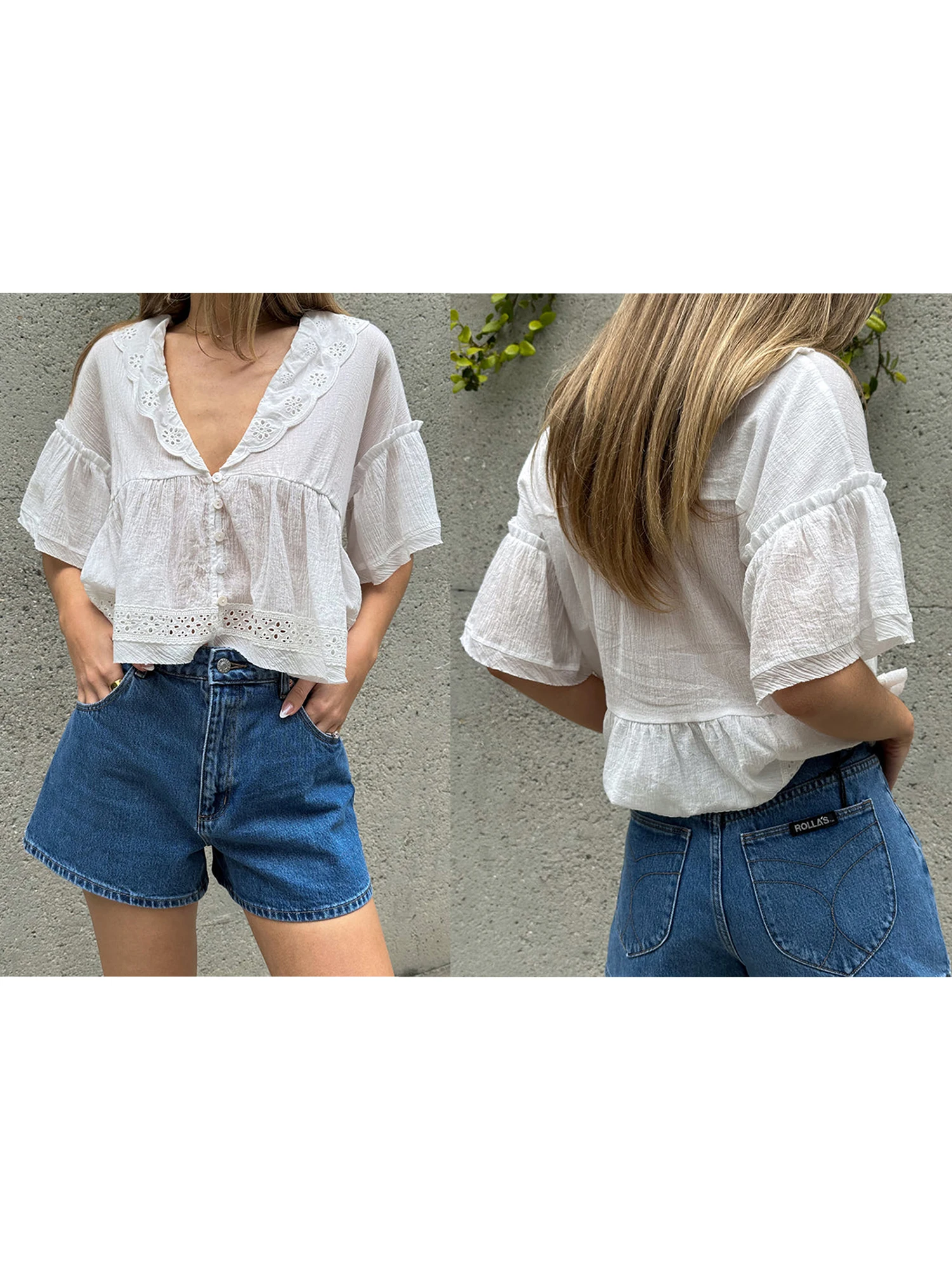 Chemisier d'été pour femmes, élégant et confortable, fleur creuse brodée, revers, col en V, manches courtes, hauts à volants pour un décontracté