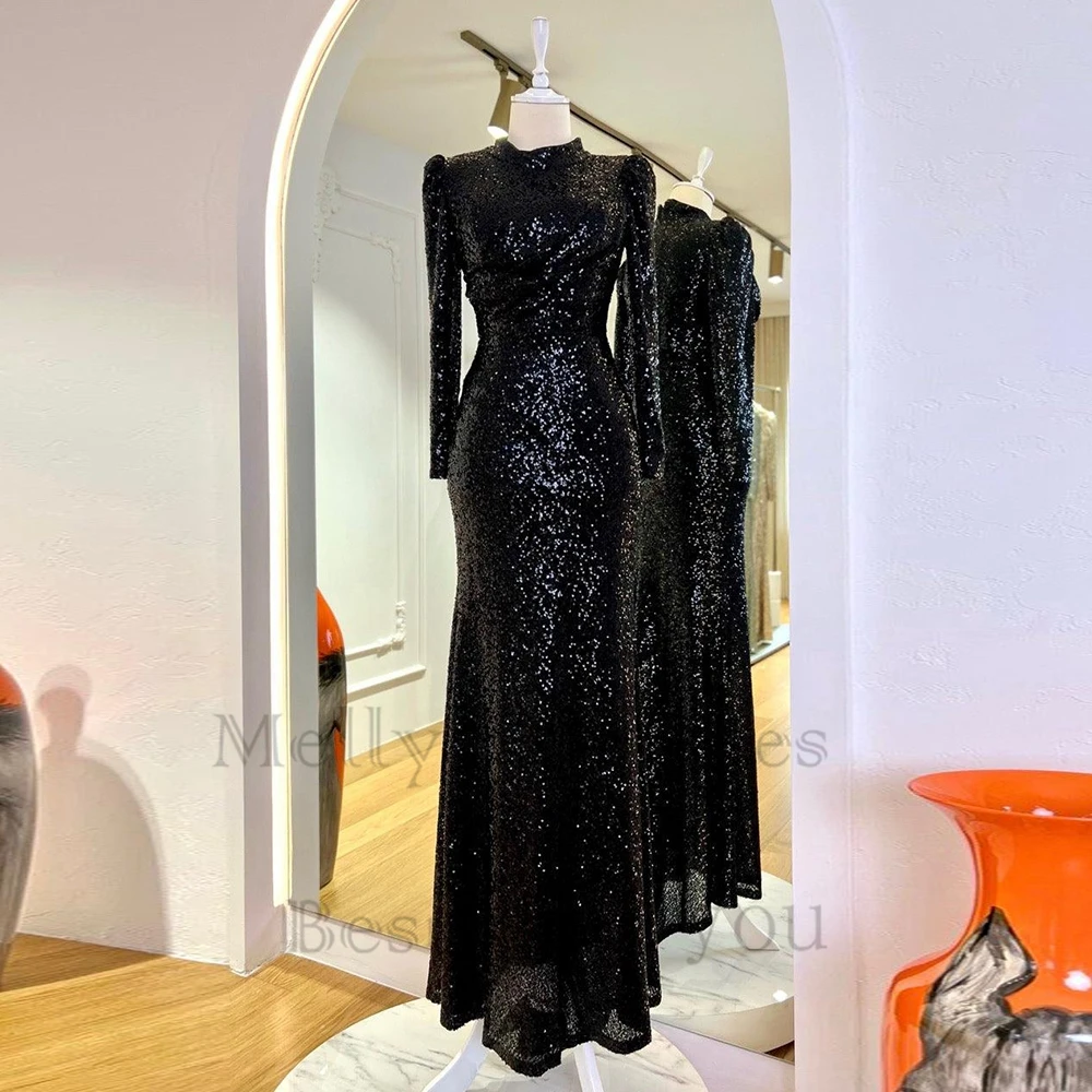 

Black High Neck Islamic Evening Dresses Sheath Tea Length Full Sleeves Sequined Prom Gowns Pleat Robe De Soirée 2024 New