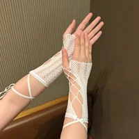 Lace cross tie sleeve gloves for women's fingerless fishing net gloves, summer sun protection party wedding gloves - Image 5